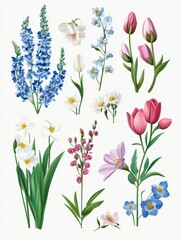 Spring Illustration Elements with Flowers and Plants.