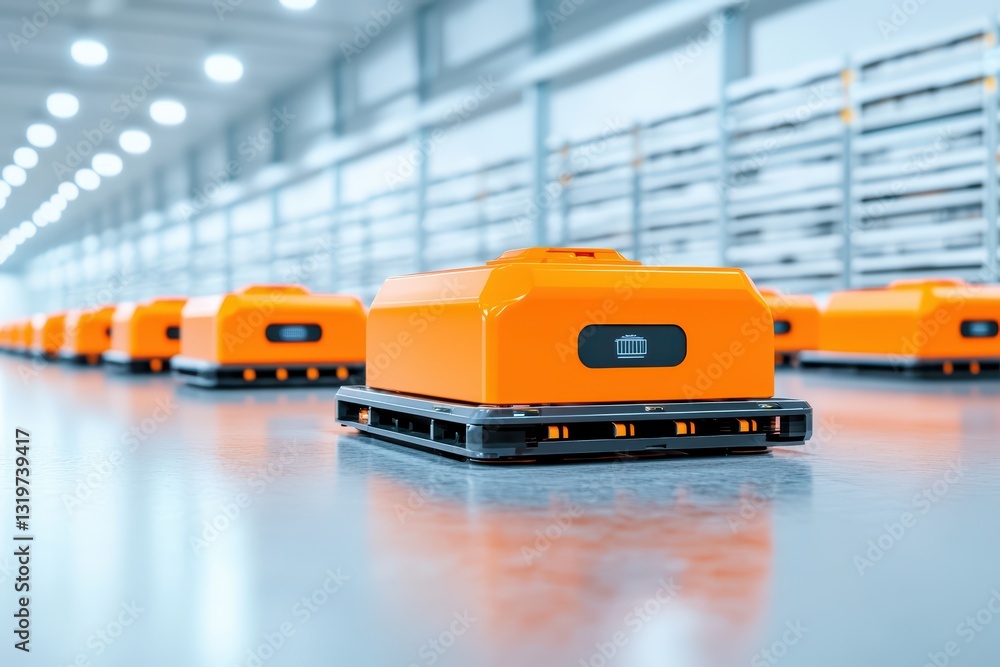 Poster smart warehouse concept with robots moving parcels in an efficient environment