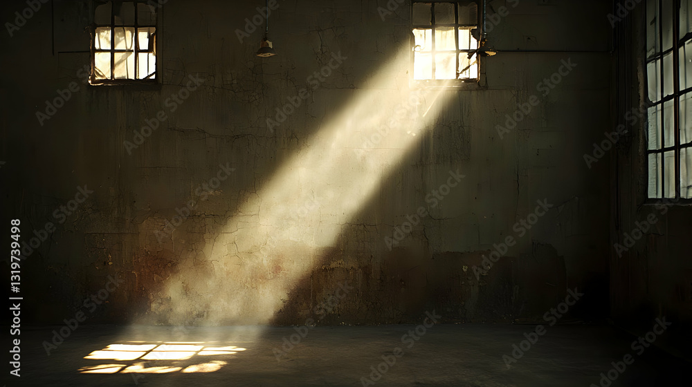 Aufkleber sunlight streaming through grimy windows illuminating dust and shadow in an empty room