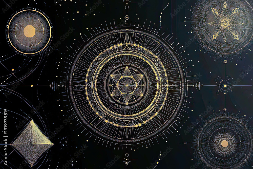 Poster mystical golden sri yantra mandala surrounded by intricate cosmic patterns and celestial elements