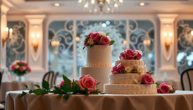 wedding cake with flowers  at a restaurant , with white tonespng