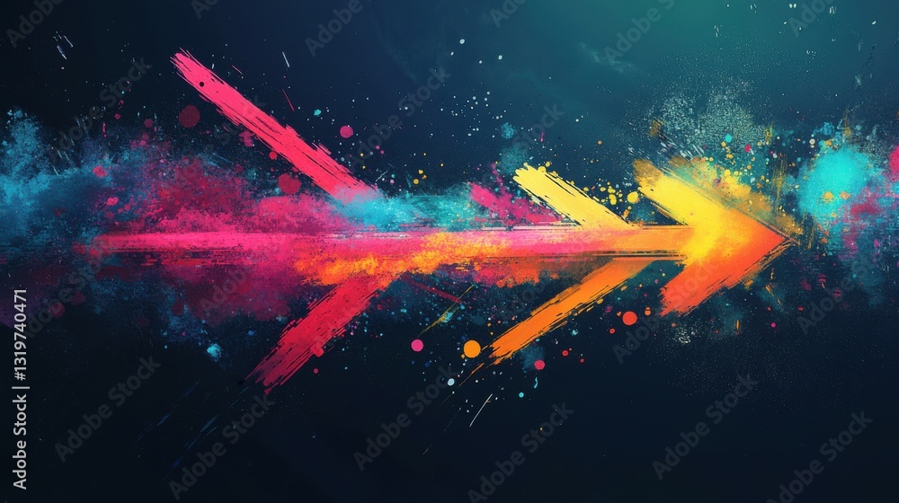Poster a vibrant, dynamic arrow design with splashes of color, symbolizing movement and progress against a 