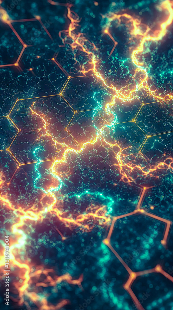 Poster Glowing Energy Matrix Bursts Forth Through Spacetime Revealing Vibrant Hexagonal Patterns