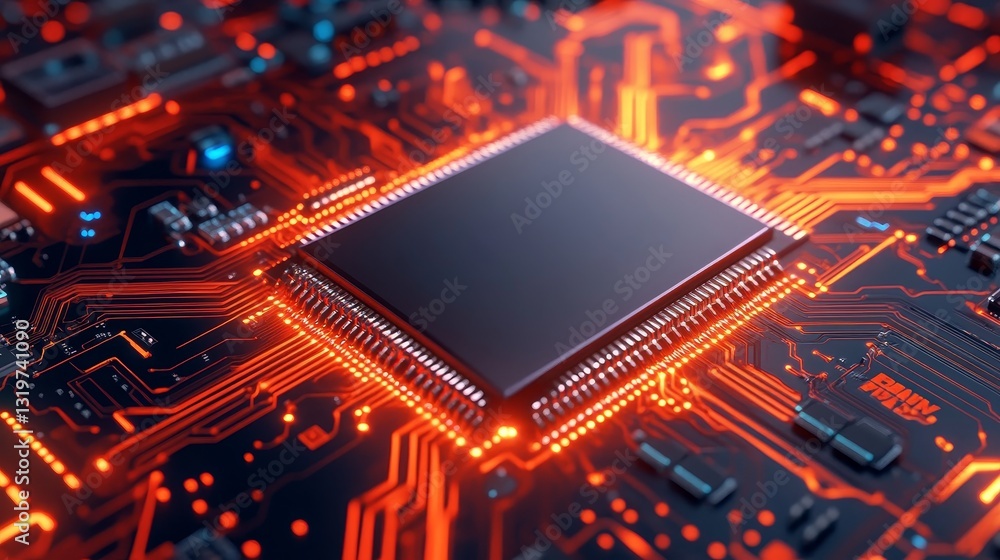 Poster close-up of a high-tech microchip on a circuit board with glowing connections and intricate patterns