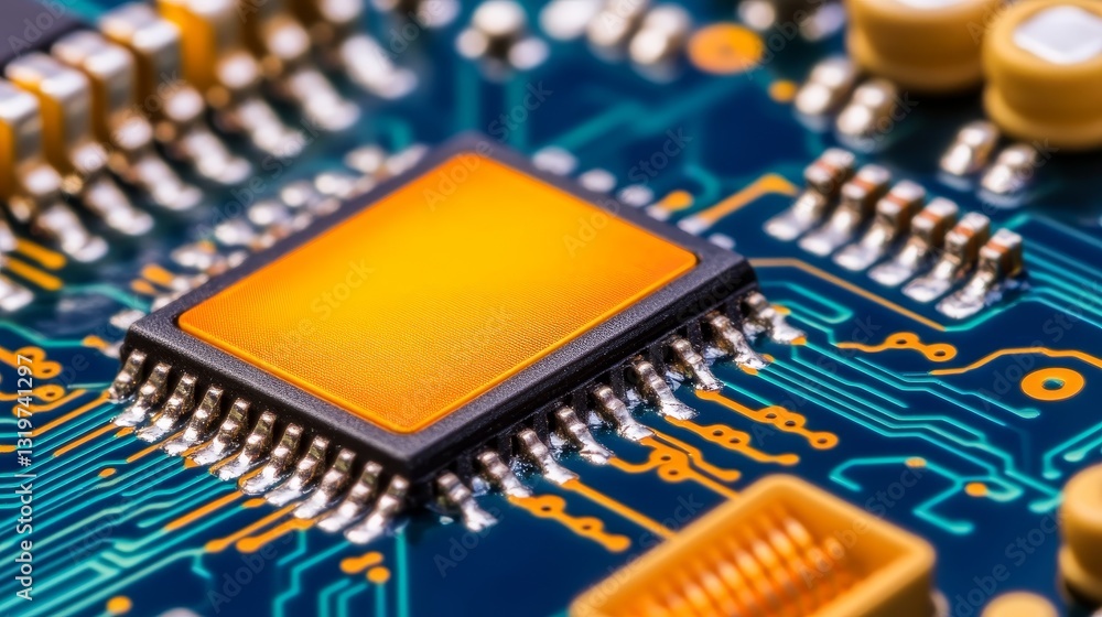 Poster close-up view of a microchip on a circuit board showcasing intricate designs and connections