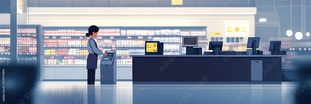 Poster Smart cashier automates checkout process in modern supermarket with AI technology designed for efficiency and convenience