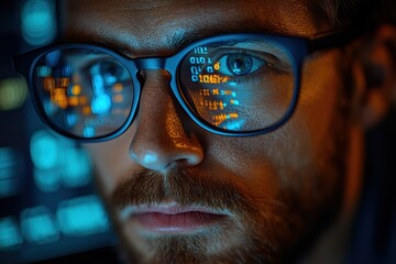 Focused developer working late on coding task with glasses reflecting data on screen