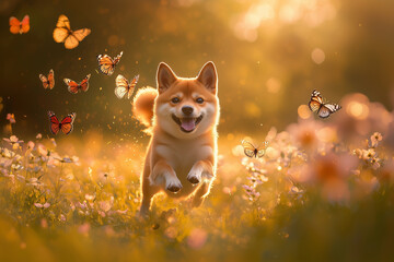 Happy Shiba Inu Running in a Sunlit Meadow with Butterflies, Nature and Joyful Moment