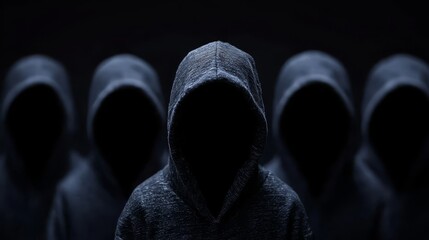 Group of people are wearing hoodies and standing in the dark. Scene is mysterious and ominous