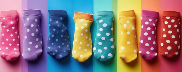A row of colorful polka dot socks against a rainbow background.