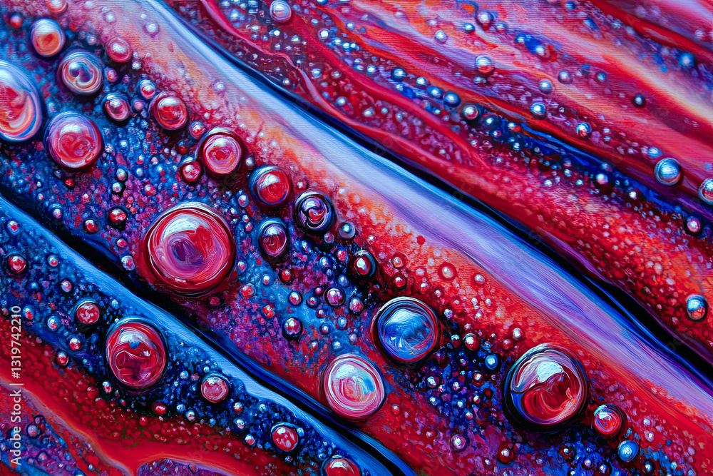 Poster swirling teardrops of paint create dynamic patterns in vibrant dark red and light purple hues