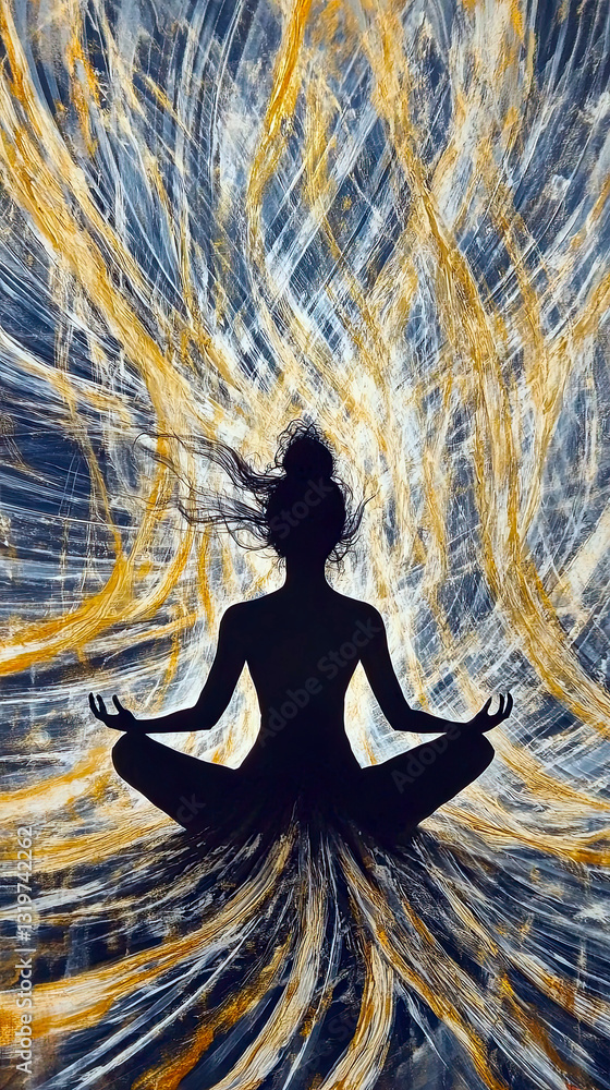 Poster exploration of qi energy through silhouette meditation in abstract environment