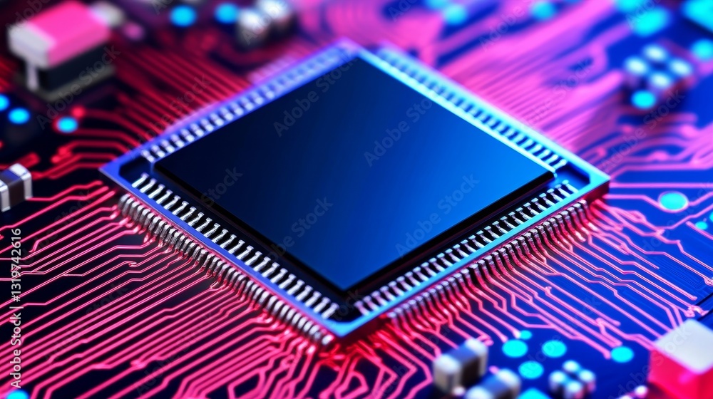 Aufkleber close-up of a microchip on a vibrant circuit board, showcasing intricate details and color