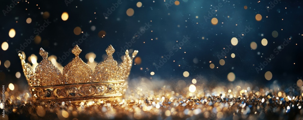 Poster a shimmering golden crown with sparkling particles floating around it.