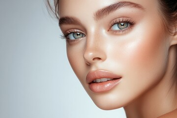 Fototapeta premium Elegant beauty portrait showcasing flawless skin and captivating eyes in a studio setting