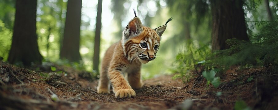 Adorable bobcat kitten walking confidently through a lush green forest