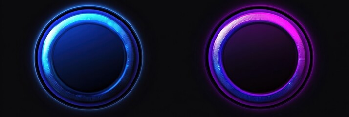 Digital graphic layouts featuring blue and purple illuminated circular designs for advertising