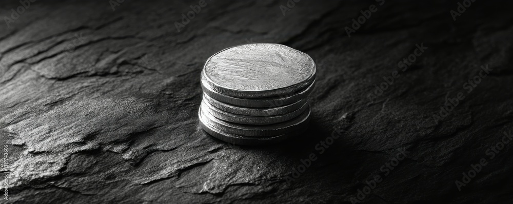 Poster a stack of silver coins sits on a textured surface. the coins are shiny and reflective, and the surf