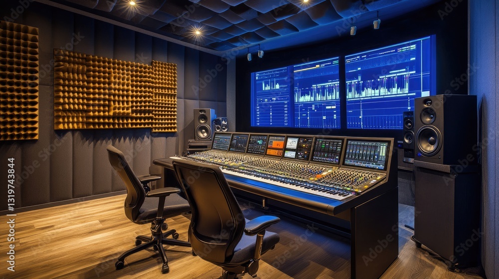 Poster hi-tech mixing studio with ultra-wide monitors displaying complex digital audio waveforms.