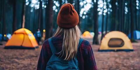 Fashionable young woman at summer campsite outdoors in nature