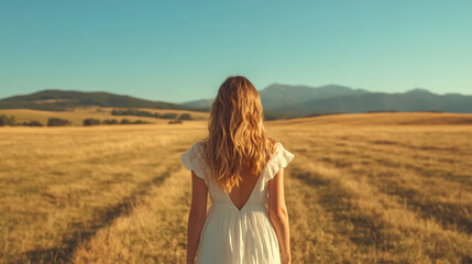 Woman Walking on Golden Field Under Clear Blue Sky with Mountains