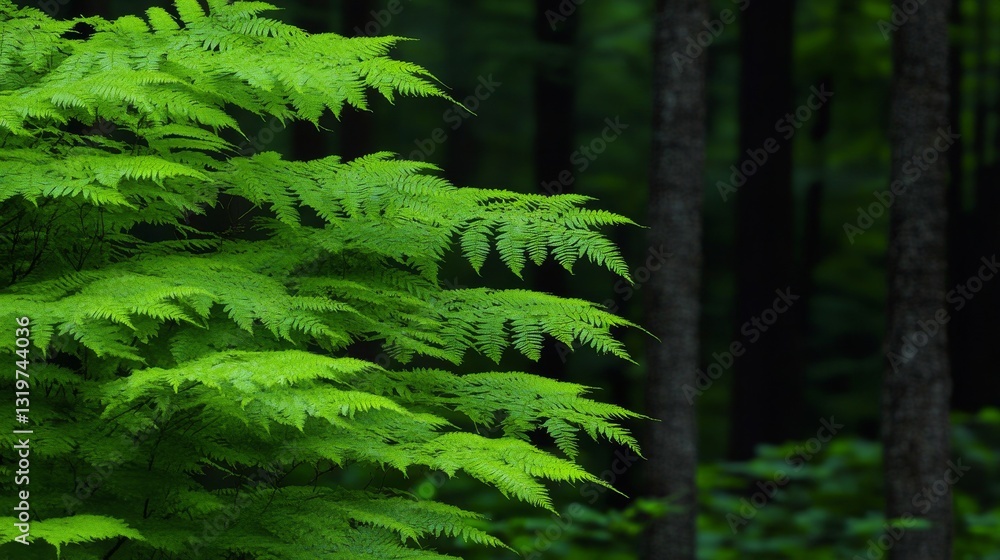 Poster lush green ferns flourishing in a dense forest with soft light filtering through trees