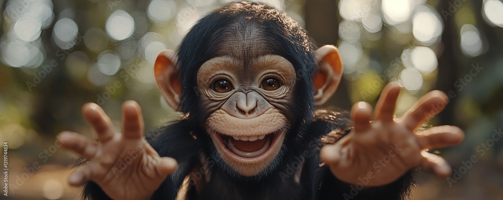 Poster a smiling chimpanzee extends both hands towards the viewer in joy