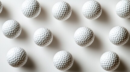 Golf balls arranged on white background, overhead shot, studio lighting, website design