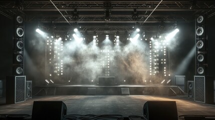 Live concert stage with huge speakers and spotlights, setting the scene for an energetic music performance.