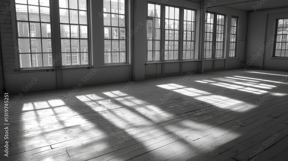 Aufkleber Large room with many windows and a lot of light. The room is empty and has a very clean and simple look