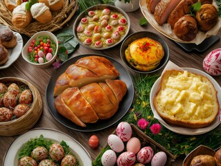 Traditional easter feast laid out on wooden table with decorated eggs and spring flowers. Generative ai illustrations