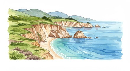 Watercolor Coastal View of Channel Islands National Park California - Beautiful watercolor illustration depicting cliffs, sea waves, green hills, sandy beach, and serene coastline