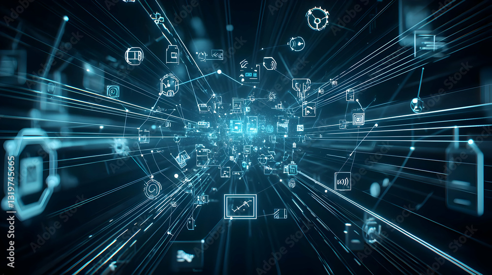 Poster abstract blue digital network visualization with glowing lines and data symbols