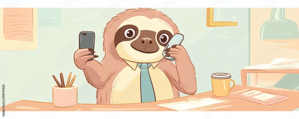 Aufkleber a cartoon sloth enjoys calling while using two smartphones simultaneously