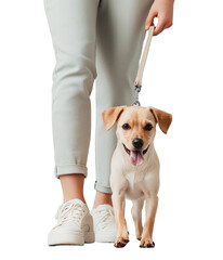 Happy puppy enjoys a walk with owner in light-colored casual attire and sneakers on a sunny day