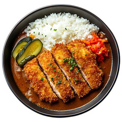 Delicious and Crispy Katsu Curry with Steamed Rice, Mixed Vegetables, and Pickles in a Black Bowl Perfect for Food Lovers and Culinary Enthusiasts