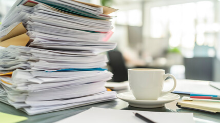 Naklejka premium Large stack of documents and cup of coffee on accountant's desk in office