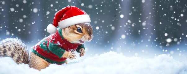 A cheerful chipmunk wearing festive clothing amid falling snowflakes