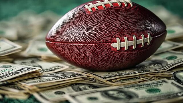 A football resting on a pile of cash, symbolizing sports betting excitement