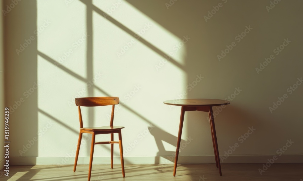 Poster minimalist chair and table setup with soft shadows in sunlight