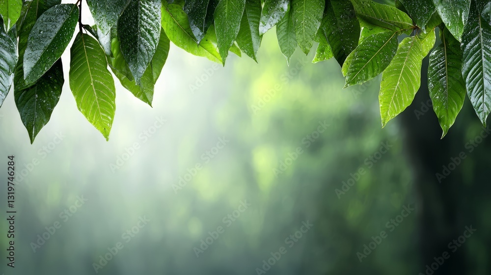 Poster leafy green background with a leafy green tree in the foreground. the leaves are wet and the backgro