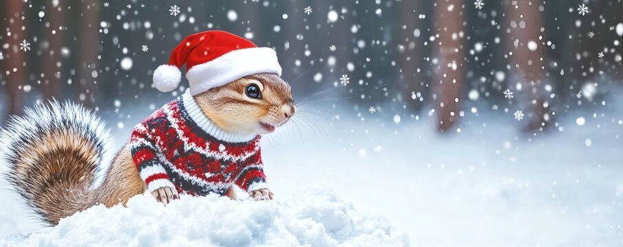 A festive chipmunk wearing a sweater and santa hat in snow