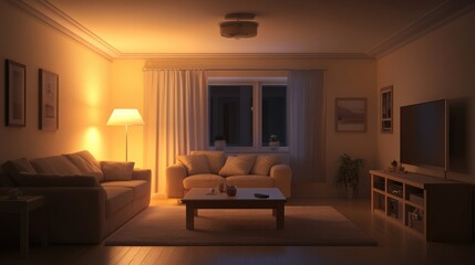 Fototapeta premium Minimalist living room with warm earth tones, a cozy beige sofa, wooden coffee table, and soft lighting.