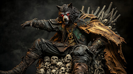 Fototapeta premium A man in a costume with a wolf mask sits on a pile of skulls. generated using AI