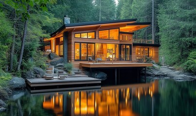 Modern eco-friendly cabin by a serene lake in a forest setting.