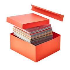 Open orange storage box with neatly stacked documents, symbolizing office organization, paperwork management, record-keeping, and administrative efficiency in corporate or home office settings.

