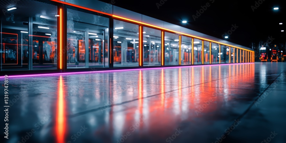 Poster long, empty hallway with orange lights illuminating the space. the lights are bright and create a wa