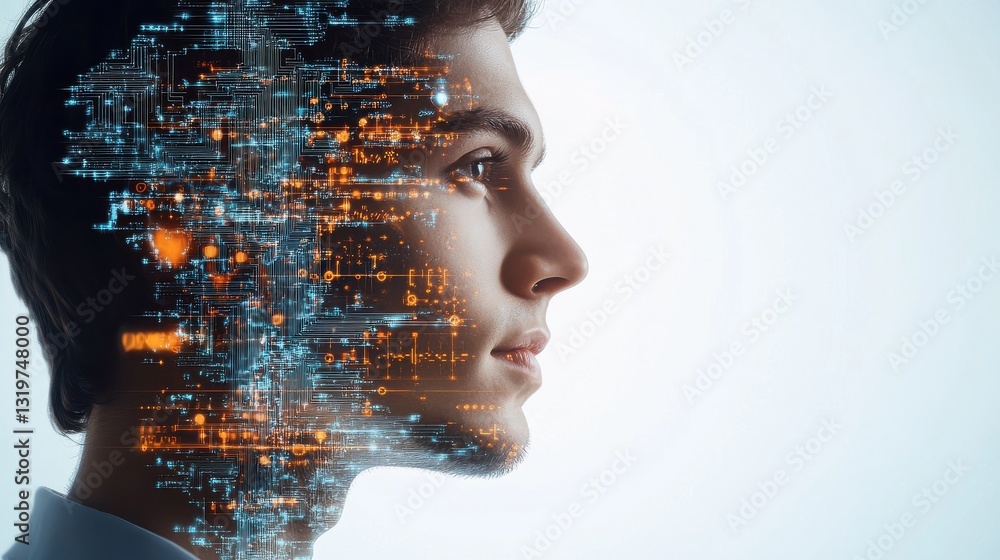 Poster side portrait of attractive young european businessman with digital head outline, circuit and binary