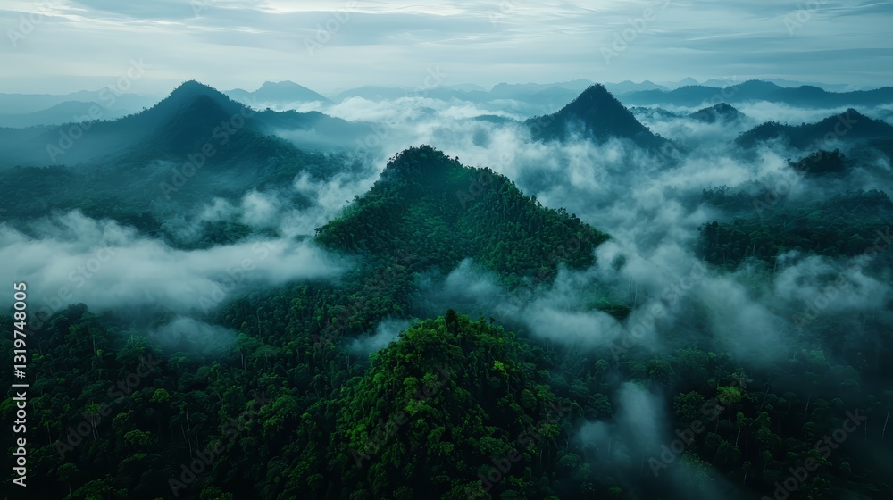 Aufkleber lush green forest with a thick layer of fog covering the mountains. the fog creates a serene and pea