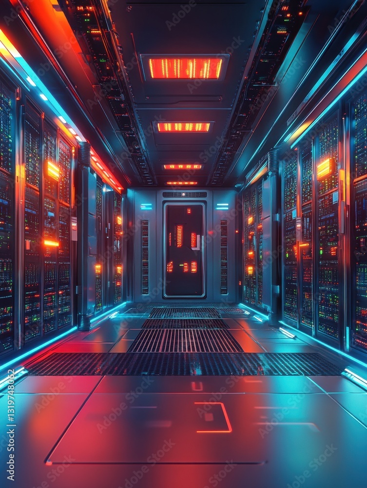 Poster high-tech data center with servers and supercomputers, server farms, server rooms, cloud computing, 